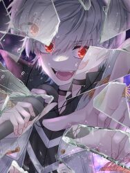 Rule 34 | &gt;:), 1boy, absurdres, accelerator (toaru majutsu no index), albino, androgynous, app filter, black choker, broken glass, choker, close-up, collared shirt, diagonal-striped shirt, electrodes, fangs, fingernails, furrowed brow, glass, hair between eyes, highres, holding, holding microphone, idol, jacket, looking at viewer, microphone, military jacket, music, official alternate costume, open mouth, pale skin, pointing, portrait, red eyes, sanpaku, shirt, short hair, singing, sinin p, smile, solo, stage, sweat, toaru idol no accelerator-sama, v-shaped eyebrows, white hair, white jacket