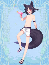 Rule 34 | 1boy, :d, animal ears, armband, black hair, blue background, bubble, character request, dairoku ryouhei, drawstring, fox ears, fox tail, full body, holding, holding water gun, l (matador), male focus, male swimwear, navel, nipples, open mouth, red eyes, sandals, smile, solo, standing, standing on one leg, swim trunks, swimsuit, tail, teeth, topless male, upper teeth only, water gun, white male swimwear, white swim trunks