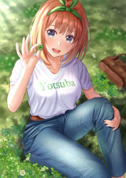 Rule 34 | 1girl, :d, akiyama0818, bag, blouse, blue eyes, blue pants, blurry, blurry background, blush, breasts, brown bag, character name, clover, collarbone, denim, eyebrows hidden by hair, four-leaf clover, go-toubun no hanayome, grass, green ribbon, hair ribbon, hand on own knee, highres, holding, looking at viewer, medium breasts, medium hair, nakano yotsuba, on grass, on ground, open mouth, orange hair, outdoors, pants, ribbon, shirt, sitting, smile, solo, sunlight, white shirt