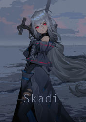 Rule 34 | 1girl, absurdres, arknights, bare shoulders, duplicate, grey hair, highres, holding, holding weapon, long hair, looking at viewer, qiufenghaiming, red eyes, skadi (arknights), skadi (elite ii) (arknights), sky, solo, sword, very long hair, weapon