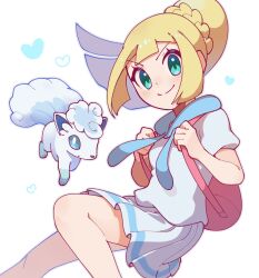 Rule 34 | 1girl, alolan form, alolan vulpix, backpack, bag, blonde hair, blue eyes, bright pupils, closed mouth, commentary, creatures (company), game freak, gen 7 pokemon, heart, highres, lillie (pokemon), looking at viewer, nintendo, omochi (omotimotittona3), pleated skirt, pokemon, pokemon (creature), pokemon sm, red bag, short hair, simple background, skirt, smile, symbol-only commentary, white background, white pupils