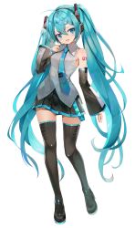 Rule 34 | 1girl, absurdres, ahoge, aqua hair, arm at side, armpits, bare shoulders, black footwear, black skirt, blue eyes, blue necktie, blush, boots, breasts, collared shirt, detached sleeves, flipped hair, full body, grey shirt, hair between eyes, hair ornament, hand up, hatsune miku, headphones, highres, long hair, looking at viewer, miniskirt, necktie, neon trim, open mouth, pleated skirt, shirt, shoulder tattoo, simple background, skirt, sleeveless, sleeveless shirt, small breasts, smile, solo, standing, straight hair, takepon1123, tattoo, thigh boots, thighhighs, twintails, very long hair, vocaloid, white background, zettai ryouiki