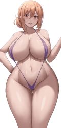 Rule 34 | 1girl, absurdres, blush, breasts, brown eyes, brown hair, cleavage, collarbone, hair between eyes, hand on own hip, hand up, highres, incredibly absurdres, jasony, large breasts, looking at viewer, mature female, navel, one-piece swimsuit, parted lips, purple one-piece swimsuit, sideboob, simple background, slingshot swimsuit, smile, solo, swimsuit, thighs, white background, wide hips, yahari ore no seishun lovecome wa machigatteiru., yuigahama yui&#039;s mother