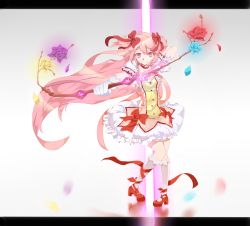 Rule 34 | 10s, 1girl, aiming, aiming at viewer, alternate hairstyle, arrow (projectile), bad anatomy, bad id, bad pixiv id, bow, bow (weapon), firing, flower, footwear ribbon, gloves, hair bow, highres, kame^^, kaname madoka, letterboxed, long hair, magic, magical girl, mahou shoujo madoka magica, mahou shoujo madoka magica (anime), pink eyes, pink hair, poorly drawn, shoes, smile, solo, twintails, weapon, white gloves