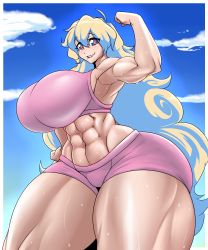 Rule 34 | 1girl, abs, absurdres, armpits, ber00, blue eyes, breasts, highres, huge breasts, large breasts, lip biting, long hair, looking at viewer, multicolored hair, muscular, muscular female, nia teppelin, shorts, sky, solo, sports bra, sweat, symbol-shaped pupils, tengen toppa gurren lagann, thick thighs, thighs, very long hair, wide hips