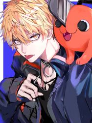 Rule 34 | 1boy, absurdres, ancoo mm, animal, animal on shoulder, black shirt, blonde hair, blue background, blue jacket, chainsaw man, collar, denji (chainsaw man), fangs, highres, jacket, letterman jacket, looking at viewer, open mouth, pochita (chainsaw man), shirt, short hair, simple background, solo focus, spiked collar, spiked hair, spikes, tongue, tongue out, yellow eyes