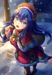 Rule 34 | 1girl, :d, absurdres, adapted costume, artist name, blue eyes, blue hair, brown pantyhose, christmas, dress, fire emblem, fire emblem: the binding blade, from above, fur-trimmed dress, fur trim, hat, highres, light particles, lilina (fire emblem), long hair, long sleeves, looking at viewer, looking up, nintendo, open mouth, pantyhose, red dress, ryo-suzuki, sack, santa costume, smile, snow, solo