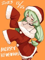 Rule 34 | 1girl, 2023, absurdres, bare shoulders, black choker, bukimi isan, choker, dated, dress, green hair, grin, hair ornament, hat, highres, kfufu (shy), long hair, merry christmas, off-shoulder dress, off shoulder, orange background, orange eyes, red hat, santa dress, santa hat, shoes, shy (series), sleeves past fingers, sleeves past wrists, smile, solo, striped clothes, striped thighhighs, teeth, thighhighs, twintails