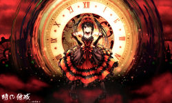 Rule 34 | 1girl, black hair, blush, breasts, character name, cleavage, clock, date a live, female focus, full body, gears, gothic lolita, hands on own hips, heterochromia, highres, lolita fashion, looking at viewer, medium breasts, pigeon-toed, red eyes, revision, smile, solo, tokisaki kurumi, translation request, tsubasaki, twintails, yellow eyes