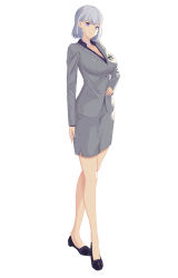 Rule 34 | 1girl, absurdres, badge, bare legs, black footwear, blazer, breasts, business suit, choker, closed mouth, formal, girls&#039; frontline, grey blazer, grey skirt, hand on own stomach, hanser, highres, jacket, large breasts, legs, looking at viewer, medium hair, purple eyes, purple shirt, rpk-16 (girls&#039; frontline), rpk-16 (renate) (girls&#039; frontline), shirt, shoes, silver hair, skirt, smile, solo, suit, white background