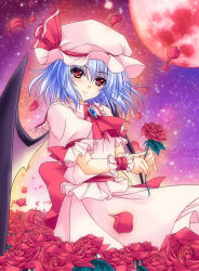 Rule 34 | 1girl, aoi hiro, ascot, bat wings, blue hair, flower, hat, holding, looking at viewer, mob cap, moon, orange eyes, petals, red moon, remilia scarlet, rose, short hair, smile, solo, touhou, wind, wings, wrist cuffs