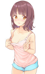 Rule 34 | 1girl, bare arms, bare shoulders, blue shorts, blush, breasts, brown eyes, brown hair, camisole, cleavage, clothes pull, collarbone, cowboy shot, hand up, highres, legs apart, looking at viewer, maigoyaki, medium breasts, original, parted lips, pink shirt, shirt, shirt pull, short hair, short shorts, shorts, sidelocks, simple background, solo, standing, v, white background