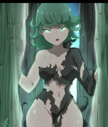 Rule 34 | 1girl, bare shoulders, black dress, blue sky, cowboy shot, curly hair, dalley-the-alpha, dress, glowing, glowing eyes, green eyes, green hair, looking at viewer, matching hair/eyes, navel, no panties, one-punch man, open mouth, shiny skin, short hair, sky, solo, standing, tatsumaki, teeth, torn clothes, torn dress, upper teeth only