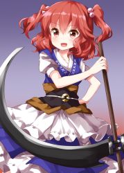 Rule 34 | 1girl, :d, apron, blue vest, breasts, collarbone, cowboy shot, dress, gradient background, hair between eyes, hair bobbles, hair ornament, highres, holding, holding scythe, holding weapon, long hair, medium breasts, obi, one-hour drawing challenge, onozuka komachi, open mouth, puffy short sleeves, puffy sleeves, purple background, red background, red eyes, red hair, ruu (tksymkw), sash, scythe, short sleeves, smile, solo, touhou, two side up, vest, waist apron, weapon, white apron