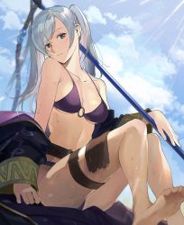 Rule 34 | 1girl, bare shoulders, barefoot, bikini, blue sky, breasts, brown eyes, brown gloves, cleavage, cloud, day, feet, fire emblem, fire emblem awakening, fire emblem heroes, gloves, highres, intelligent systems, kana (fire emblem), kyufe, long sleeves, looking at viewer, medium breasts, navel, nintendo, o-ring, o-ring bikini, off shoulder, outdoors, polearm, purple bikini, robe, robin (female) (fire emblem), robin (fire emblem), sitting, sky, soles, solo, spear, sweat, sweatdrop, swimsuit, thigh strap, toes, twintails, underboob, weapon, white hair