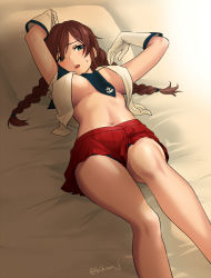 Rule 34 | 1girl, between breasts, braid, breasts, brown hair, fugu custom, gloves, green eyes, kantai collection, large breasts, looking at viewer, lying, navel, noshiro (kancolle), on back, on bed, open clothes, open mouth, open shirt, pleated skirt, red skirt, skirt, solo, sweatdrop, thighs, twin braids, white gloves