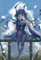 Rule 34 | 1girl, absurdres, backlighting, bikini, black pantyhose, blue eyes, blue hair, blue sky, bonanus (genshin impact), breasts, claws, cleavage, cloud, cloudy sky, commentary request, facial mark, facial tattoo, full body, genshin impact, highres, horns, hua (yijing), long hair, looking at viewer, pantyhose, parted bangs, sidelocks, sitting, sitting on fence, sky, solo, strapless, strapless bikini, swimsuit, tattoo