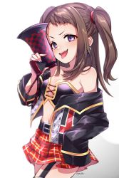 Rule 34 | artist request, bare shoulders, belly, belt, belt skirt, black belt, black jacket, blush, breasts, brown hair, cleavage, earrings, eyebrows, fang, garter belt, hairband, highres, holding, holding megaphone, idolmaster, idolmaster cinderella girls, idolmaster cinderella girls starlight stage, jacket, jacket partially removed, jewelry, koseki reina, long hair, long sleeves, looking at viewer, megaphone, midriff, navel, open mouth, purple eyes, red skirt, short bangs, skirt, small breasts, solo, thighs, tongue, twintails