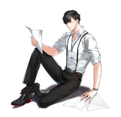 Rule 34 | 1boy, arm support, belt, black belt, black footwear, black hair, black pants, black socks, blue eyes, business suit, chulsoo kim (closers), closed mouth, closers, collared shirt, dress shirt, dress shoes, formal, full body, hand up, highres, holding, holding paper, id card, knee up, lanyard, looking down, male focus, official art, on ground, pant suit, pants, paper, reading, salaryman, shadow, shirt, shirt tucked in, short hair, sitting, sleeves pushed up, socks, solo, suit, suspenders, watch, white background, white shirt, wristwatch