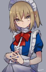 Rule 34 | 1girl, apron, blonde hair, blue dress, blue nails, bow, bowtie, breasts, dress, grey background, highres, looking at viewer, maid headdress, medium breasts, medium hair, mugetsu (touhou), nail polish, own hands together, pointy ears, razuzyamu, red bow, red bowtie, short sleeves, simple background, solo, touhou, touhou (pc-98), turtleneck, twitter username, upper body, wrist cuffs, yellow eyes