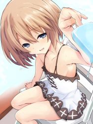 Rule 34 | 1girl, bare shoulders, blanc (neptunia), blue eyes, blush, breasts, brown hair, dress, food, happy, hot, ice cream, iwashi dorobou -r-, looking at viewer, neptune (series), short hair, sitting, small breasts, smile, solo, sweat, white dress