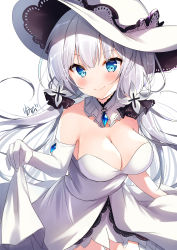 Rule 34 | 1girl, absurdres, artist name, azur lane, bare shoulders, blue eyes, blush, breasts, brooch, cleavage, commentary request, cowboy shot, detached collar, dress, elbow gloves, gloves, heart, highres, illustrious (azur lane), jewelry, large breasts, long hair, looking at viewer, nenobi (nenorium), signature, silver hair, simple background, skirt hold, smile, solo, standing, strapless, strapless dress, translated, white background, white dress, white gloves, white headwear