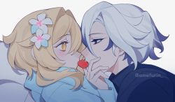 Rule 34 | 2girls, amefurin, arlecchino (genshin impact), black sweater, blonde hair, blue sweater, blush, eye contact, face-to-face, flower, genshin impact, grey hair, hair flower, hair ornament, half-closed eyes, hand on another&#039;s face, hand up, looking at another, lumine (genshin impact), multicolored hair, multiple girls, red eyes, short hair, streaked hair, sweater, twitter username, white flower, white hair, yellow eyes, yuri