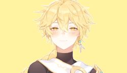 Rule 34 | 1boy, aether (genshin impact), ahoge, armor, blonde hair, blush, braid, brown shirt, closed mouth, commentary, earrings, english commentary, genshin impact, gold trim, hair between eyes, half-closed eyes, highres, jewelry, kyou 0120, long hair, looking at viewer, male focus, scarf, shirt, short sleeves, shoulder armor, simple background, single earring, smile, smug, solo, standing, upper body, white scarf, yellow background, yellow eyes