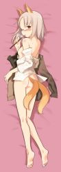 Rule 34 | 10s, 1girl, animal ears, ass, barefoot, blush, bottomless, brave witches, brown eyes, dakimakura (medium), edytha rossmann, feet, full body, glasses, grey hair, jacket, kneepits, looking back, multiple tails, open clothes, open shirt, pointer, shimada fumikane, shirt, solo, strike witches, tail, world witches series