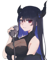 Rule 34 | 1girl, absurdres, asymmetrical horns, bare shoulders, black hair, blue hair, blush, breasts, cleavage, colored inner hair, demon horns, hair ornament, highres, hololive, hololive english, horns, large breasts, long hair, looking at viewer, microphone, microphone stand, mole, mole under eye, multicolored hair, nerissa ravencroft, official alternate costume, open mouth, red eyes, simple background, smile, solo, two-tone hair, uneven horns, upper body, very long hair, virtual youtuber, watercat322, white background