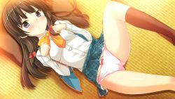 Rule 34 | 1girl, black hair, black socks, blue skirt, blue vest, blush, bow, bow panties, bowtie, breasts, clothes lift, embarrassed, game cg, hair bow, hands on own chest, kneehighs, long hair, long sleeves, looking at viewer, lying, on floor, orange bow, orange bowtie, panties, parasol soft, pillow, pink panties, plaid, plaid skirt, quintuple splash, red bow, sazaki ichiri, shirt, skirt, skirt lift, small breasts, socks, source request, underwear, vest, white shirt, yashio sahori