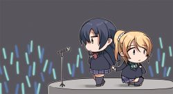 Rule 34 | 10s, 2girls, ayase eli, black socks, blazer, blonde hair, blue eyes, blue hair, bow, bowtie, brown eyes, chibi, clipe, glowstick, green bow, green bowtie, hand on own chest, holding hands, jacket, kneehighs, kneeling, long hair, long sleeves, love live!, love live! school idol project, microphone, multiple girls, plaid, plaid skirt, pleated skirt, ponytail, red bow, red bowtie, scrunchie, skirt, socks, sonoda umi, stage, standing