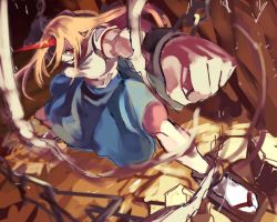 Rule 34 | 1girl, action, azuki (azuki-taste), blonde hair, breasts, chain, covering one eye, cuffs, fighting stance, geta, horns, hoshiguma yuugi, long hair, md5 mismatch, medium breasts, muscular, oni, outstretched arm, red eyes, resized, resolution mismatch, shackles, shirt, short sleeves, single horn, skirt, smile, socks, solo, source larger, star (symbol), touhou, white shirt, white socks