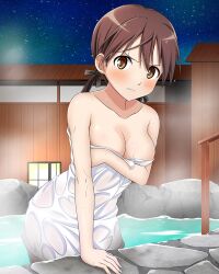 Rule 34 | 1girl, artist request, blush, breasts, brown eyes, brown hair, closed mouth, collarbone, gertrud barkhorn, hair ribbon, large breasts, looking at viewer, naked towel, official art, onsen, ribbon, shiny skin, sky, solo, star (sky), starry sky, strike witches, towel, twintails, world witches series