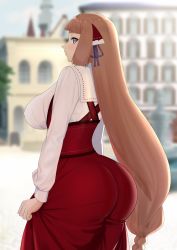 Rule 34 | 1girl, ass, blue eyes, blunt bangs, breasts, brown hair, clothes pull, dress, dress pull, highres, huge ass, large breasts, long hair, long sleeves, looking at viewer, looking back, momoko (shoutao), original, red dress, shoutao, solo