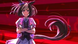 Rule 34 | 1girl, animal ears, black vest, bob cut, bow, brown hair, closed mouth, commentary request, cropped jacket, dress shirt, ear bow, hachimaki, headband, highres, horse ears, horse girl, horse tail, jacket, looking at viewer, miniskirt, multicolored hair, neck ribbon, pleated skirt, puffy short sleeves, puffy sleeves, purple bow, purple eyes, purple ribbon, red background, ribbon, sassakntm, shirt, short hair, short sleeves, skirt, smile, solo, special week (umamusume), standing, streaked hair, tail, umamusume, v-shaped eyes, vest, white hair, white headband, white jacket, white shirt, wind, wing collar, wrist cuffs