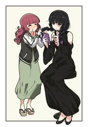 Rule 34 | 2girls, absurdres, ahoge, alcohol, alcohol carton, barefoot, black dress, black hair, black nails, blue eyes, blush, bocchi the rock!, border, cellphone, chin piercing, closed eyes, closed mouth, clothing cutout, collarbone, colored inner hair, comb, dress, drinking, drinking straw, flats, goth fashion, goumonsha, green dress, height difference, highres, hiroi kikuri, holding, holding phone, jacket, long dress, long hair, long sleeves, messy hair, multicolored hair, multiple girls, nail polish, open mouth, pa-san, phone, purple hair, red hair, shaded face, shoulder cutout, sidelocks, sitting, sleeves past wrists, smartphone, standing, stool, two-tone hair, white background, wide sleeves, yellow background