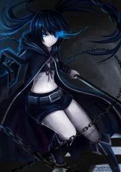 Rule 34 | 10s, 1girl, belt, bikini, bikini top only, black bikini, black bra, black hair, black rock shooter, black rock shooter (character), black shorts, blue eyes, bra, chain, female focus, flaming eyes, front-tie bikini top, front-tie top, gradient background, highres, holding, holding sword, holding weapon, jurrig, long hair, shorts, solo, swimsuit, sword, twintails, underwear, weapon