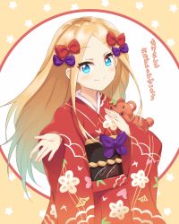 Rule 34 | 1girl, abigail williams (fate), blonde hair, blue eyes, blush, bow, closed mouth, fate/grand order, fate (series), floral print, hair bow, highres, japanese clothes, kimono, long hair, long sleeves, looking at viewer, mushuu, obi, hugging object, parted bangs, print kimono, purple bow, red bow, red kimono, sash, smile, solo, star (symbol), stuffed animal, stuffed toy, teddy bear, translated, very long hair, wide sleeves