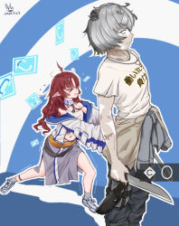 Rule 34 | 1boy, 1girl, 2020, absurdres, arknights, black pants, blue background, commentary request, dated, dwarf, gameplay mechanics, height difference, highres, holding, holding weapon, jaye (arknights), jewelry, knife, long hair, myrtle (arknights), navel, necklace, pants, pointy ears, pushing, red hair, scar, scar on arm, weapon, white background