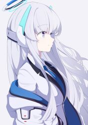 Rule 34 | 1girl, blue archive, blue necktie, commentary request, grey hair, halo, jacket, long hair, mechanical ears, mechanical halo, necktie, noa (blue archive), oil sob, purple eyes, shirt, solo, white jacket, white shirt