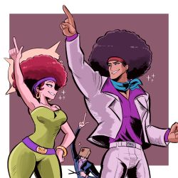 Rule 34 | 1girl, 2boys, absurdres, afro, alternate hairstyle, armpits, bag, bag over head, big hair, blue neckerchief, bodysuit, breasts, broken halo, clenched hand, commentary, compass rose halo, couple, dancing, dark-skinned male, dark skin, earrings, english commentary, faust (guilty gear), formal, green bodysuit, green eyes, guilty gear, guilty gear strive, halo, hand on own hip, headband, height difference, highres, hoop earrings, husband and wife, jack-o&#039; valentine, jewelry, looking at another, medium breasts, multiple boys, neckerchief, paper bag, pointing, pointing up, purple headband, purple shirt, red headband, saturday night fever, scruffyturtles, shirt, sleeveless, sol badguy, strapless, suit, tan, white suit