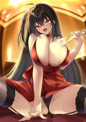 Rule 34 | 1girl, ahoge, akatsuki (aktk511), alcohol, azur lane, bare shoulders, black hair, black panties, black thighhighs, blush, breasts, champagne, choker, cleavage, cocktail dress, crossed bangs, dress, garter straps, highres, huge breasts, long hair, official alternate costume, panties, pouring, pouring onto self, red choker, red dress, red eyes, solo, taihou (azur lane), taihou (forbidden feast) (azur lane), thighhighs, underwear, very long hair, wet, wet clothes