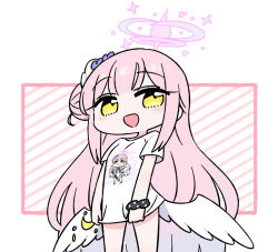 Rule 34 | 1girl, blue archive, blush, breasts, chan co, chibi, feathered wings, flower, gradient hair, hair bun, hair flower, hair ornament, halo, long hair, looking at viewer, low wings, mika (blue archive), multicolored hair, open mouth, pink hair, purple flower, scrunchie, shirt, short sleeves, single side bun, small breasts, t-shirt, very long hair, white wings, wings, wrist scrunchie, yellow eyes