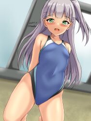 Rule 34 | 1girl, black one-piece swimsuit, blue one-piece swimsuit, blush, competition swimsuit, covered navel, dated, green eyes, grey hair, highleg, highleg swimsuit, highres, kantai collection, long hair, looking at viewer, maestrale (kancolle), montemasa, multicolored clothes, multicolored swimsuit, one-hour drawing challenge, one-piece swimsuit, one side up, open mouth, rei no pool, simple background, smile, solo, swimsuit, twitter username, two-tone swimsuit, white background, window
