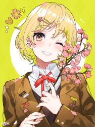 Rule 34 | 1girl, black sweater, blazer, blonde hair, branch, brown jacket, collared shirt, commentary request, dress shirt, flower, grin, hair flower, hair ornament, hairclip, heart, highres, holding, holding branch, jacket, long sleeves, looking at viewer, mika pikazo, neck ribbon, one eye closed, original, pink flower, red eyes, red flower, red ribbon, ribbon, school uniform, shirt, short hair, smile, solo, sweater, two-tone background, upper body, white background, white shirt, yellow background
