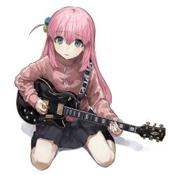 Rule 34 | 1girl, black socks, bocchi the rock!, cube hair ornament, electric guitar, full body, gibson les paul, gotoh hitori, green eyes, guitar, hair between eyes, hair ornament, highres, holding, holding instrument, holding plectrum, instrument, jacket, long hair, long sleeves, looking at viewer, one side up, open clothes, open jacket, open mouth, pink hair, pink jacket, plectrum, sidelocks, simple background, sitting, skirt, socks, solo, sweatdrop, tachibana wataru (123tsuki), wariza, white background