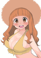 Rule 34 | 1girl, :d, absurdres, bikini, blunt bangs, blush, breasts, brown hat, cleavage, commentary, frilled bikini, frills, front-tie bikini top, front-tie top, girls und panzer, hat, highres, large breasts, leaning forward, long hair, looking at viewer, one-hour drawing challenge, open mouth, orange eyes, orange hair, simple background, smile, solo, straw hat, sun hat, swimsuit, takebe saori, upper body, white background, yabai gorilla, yellow bikini