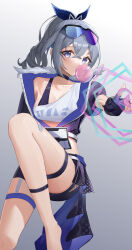 Rule 34 | 1girl, absurdres, bare legs, barefoot, black choker, blue ribbon, bra strap, blowing bubbles, choker, commentary request, crop top, foot out of frame, gradient background, grey background, grey hair, hair ribbon, highres, honkai: star rail, honkai (series), huahu (unstoppable), knee up, legs, long hair, looking at viewer, ponytail, purple eyes, ribbon, shirt, silver wolf (honkai: star rail), single-shoulder shirt, solo, thigh strap, thighs, white shirt