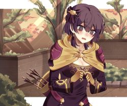 Rule 34 | 1girl, arrow (projectile), artist name, bernadetta von varley, blush, bow, breasts, capelet, cleavage, commentary, dress, earrings, eine (eine dx), english commentary, fingers together, fire emblem, fire emblem: three houses, gloves, grey eyes, hair between eyes, hair bow, highres, jewelry, medium breasts, nintendo, open mouth, outdoors, purple bow, purple dress, purple gloves, purple hair, quiver, short hair, short hair with long locks, solo, tree, two-tone gloves, wavy mouth, yellow capelet, yellow gloves